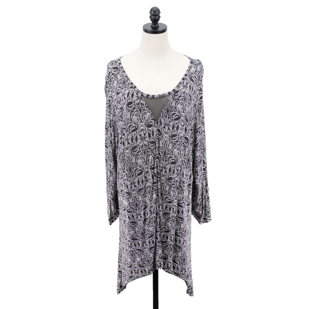 Cable & Gauge Woman‎ 2X Black White Floral Blouse Top Assymetric Mesh Keyhole